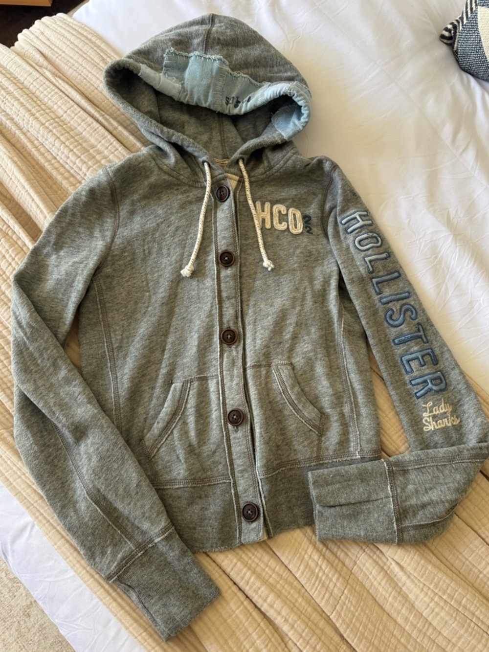 NWOT Hollister Heather Gray Wooden Button-Front Hoodie with Sleeve Logo - Size M